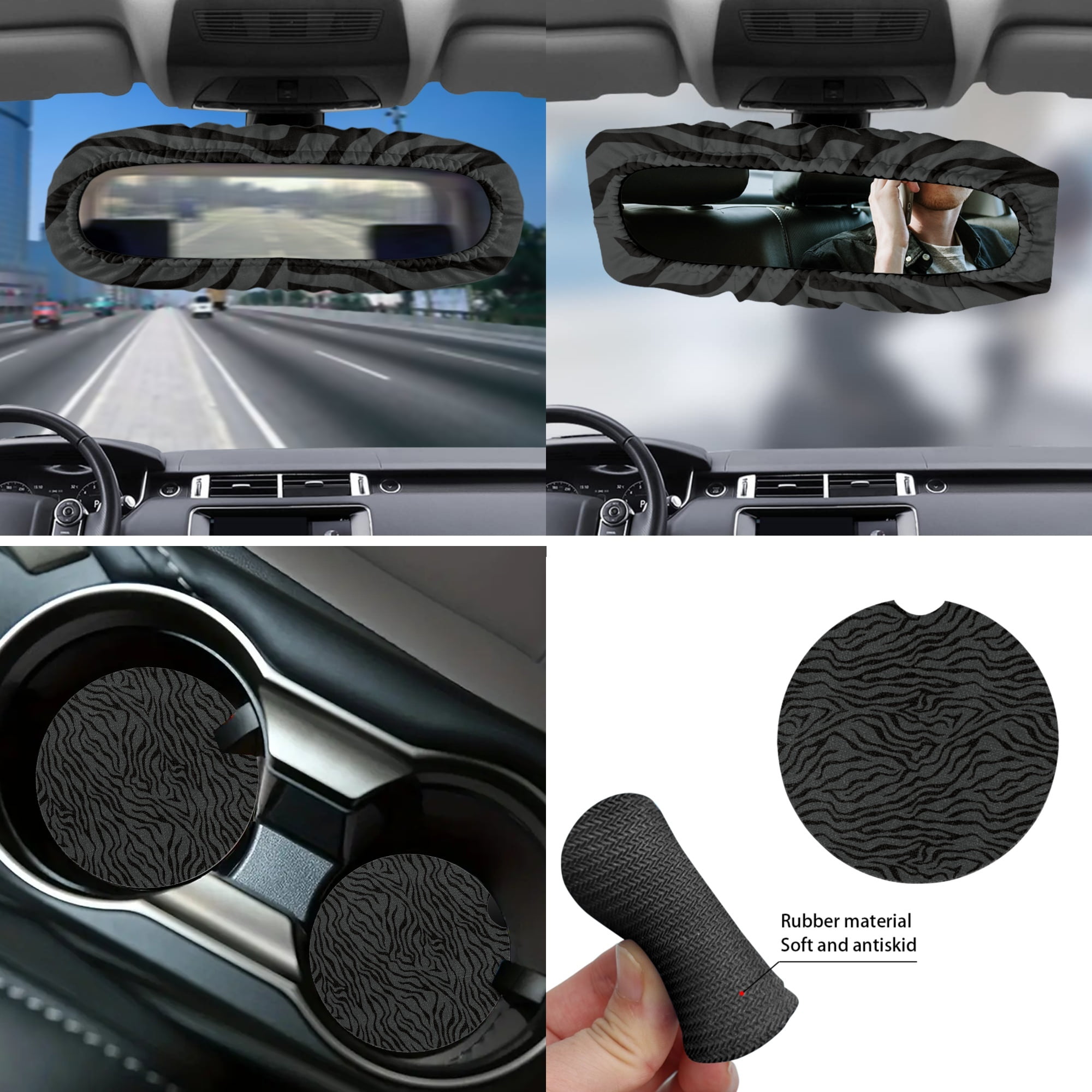 Yuyamidu Zebra Stripe Car Seat Cover Set Black Steering Wheel Cover Seat Belt Strap Cover Garbage Bin Auto Center Console Pad Cover Rearview Mirror Cover Coasters Gear Shift Knob Cover Set, 14 Pack