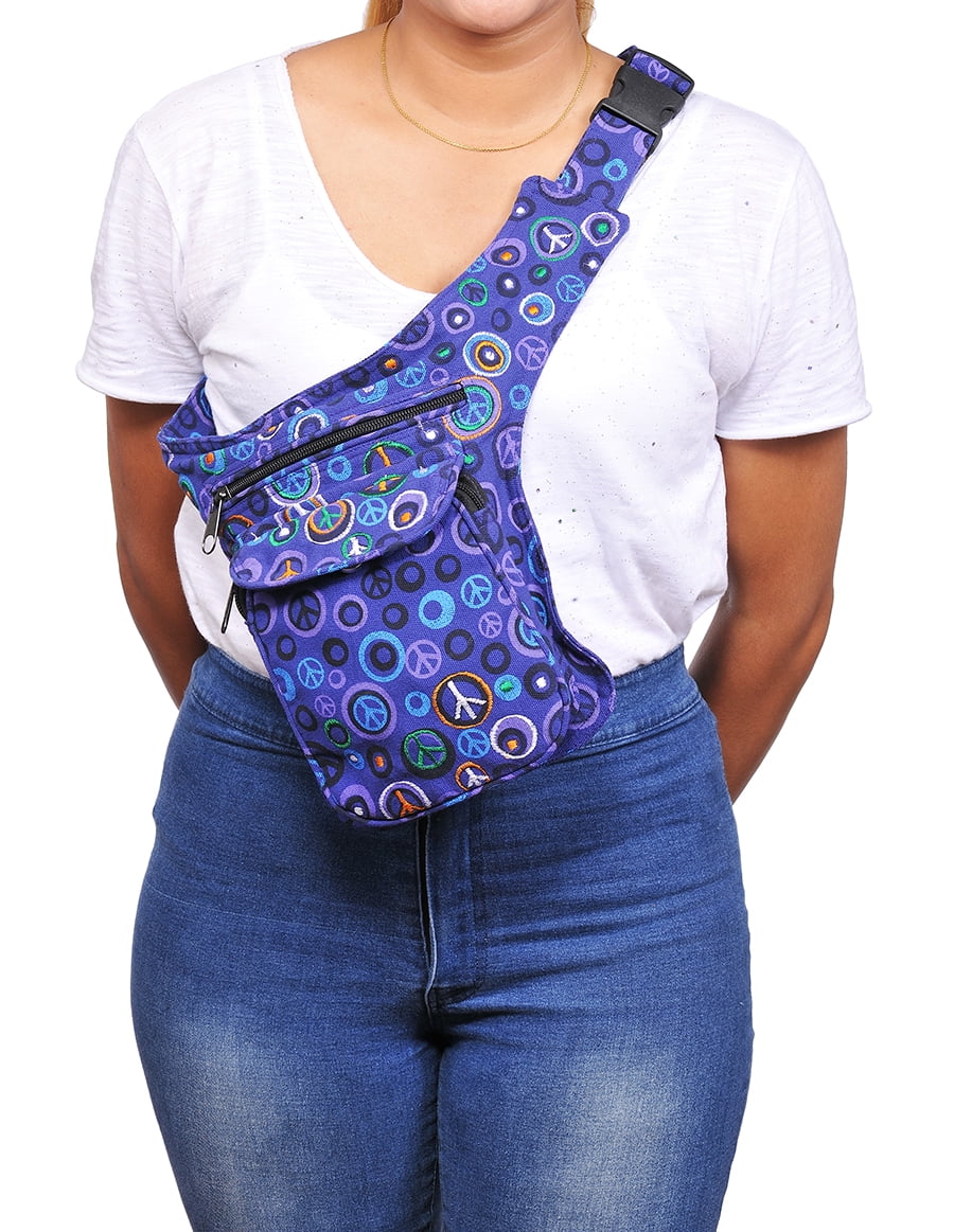 The Collection Royal Fanny Pack Crossbody Bags for Women| Cotton Canvas Boho Hippie Festival Colorful Belt Bag for Women (Purple Peace R)