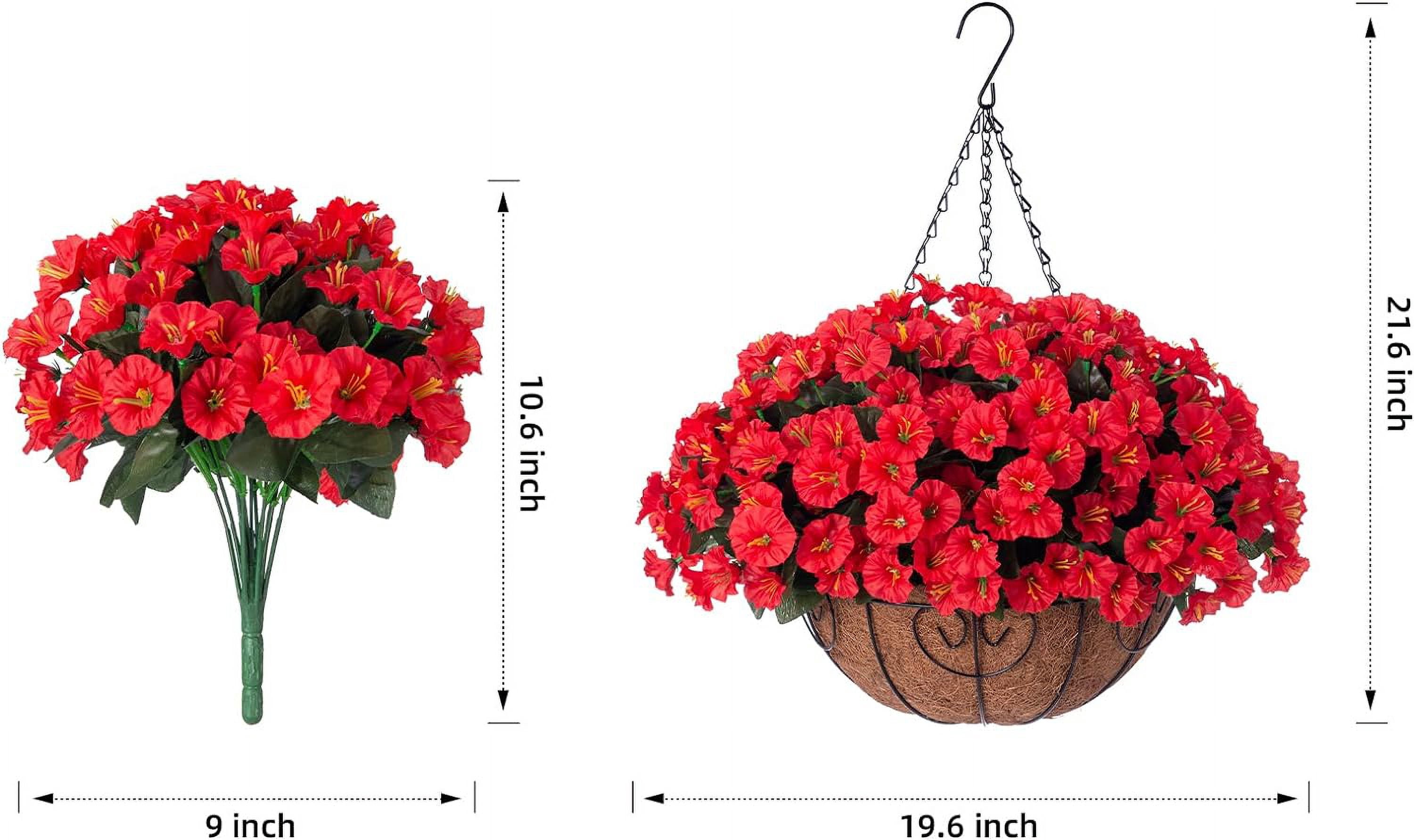Artificial Fake Hanging Flowers Plants Baskets for Outdoor Outside Summer Decoration, Faux Silk Red Morning Glory in Planter UV Resistant Realistic for Home Porch Patio Balcony Garden Yard