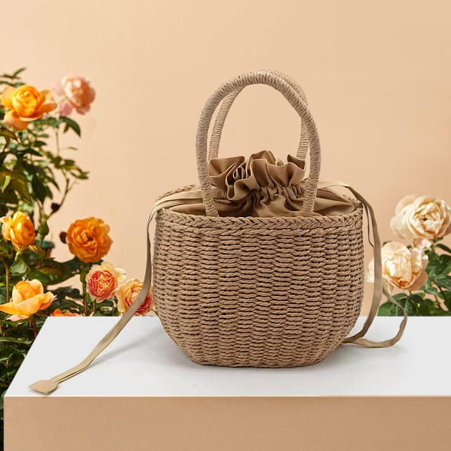 Bolso de playa de paja para mujer | Bolso de hombro de ratán tejido | Bolso tote de verano con bufanda bordada | Gran capacidad para viajes, compras, casual | 23x11x16cm | 1 Paquete