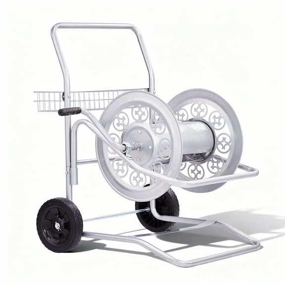 Ktaxon 200FT Garden Hose Reel Cart, Heavy Duty Mobile Steel Reel with Wheels for Outdoor Storage, Silver