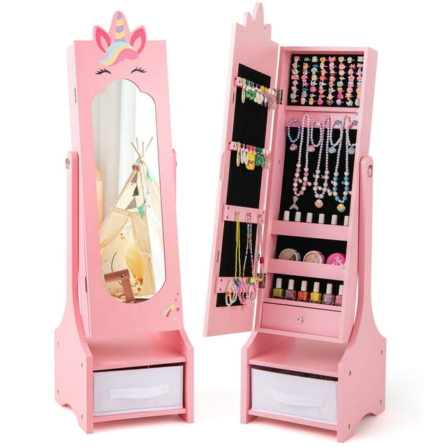 Costway Kids Jewelry Cabinet with Full-Length Mirror Drawer 2 Adjustable Tilt Angles Pink