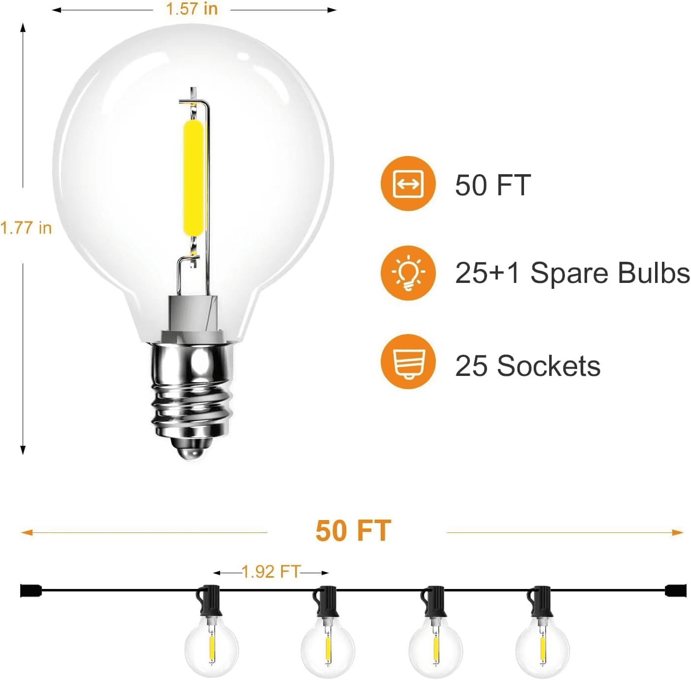 Yuucio Outdoor String Lights 50ft, G40 Led Patio Lights with 26pcs Bulbs,Waterproof Shatterproof Dimmable Hanging