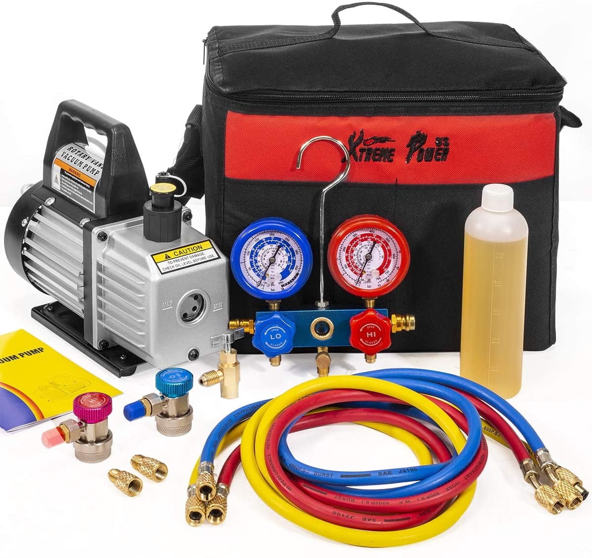 XtremepowerUS 3cfm Vacuum Pump R134 Can Tap Vacuum Compressor oil refrigeration HVAC Ac Manifold Gauge Set R134 R12 Ac hose for Car