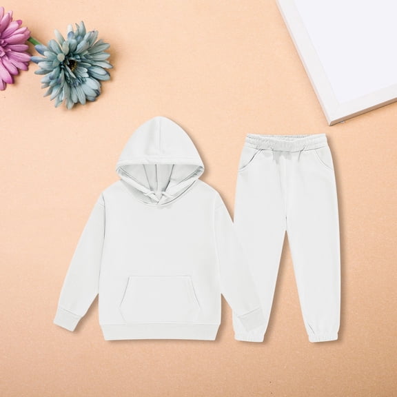 Unisex Kids Tracksuit Set, Solid Pullover Hoodie & Jogger Sweatpants 2 Piece Sweatsuit, Teen Boys Girls Plain Hooded Casual Sportswear Outfit (White, 7-8 Years)