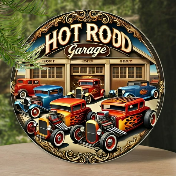 Room Decor 1pc Vintage Hot Rod Garage Metal Sign, Classic Wall Art Decor, 8-Inch Round Retro Plaque for Bar, Cafe, Club, Dorm - Ideal Gift, Perfect for Room Decor