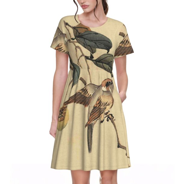 Disketp Vintage Bird para Vestido de Manga Corta para Mujeres, Vestidos de Verano para Mujeres, Casual y Holgado para la Playa
