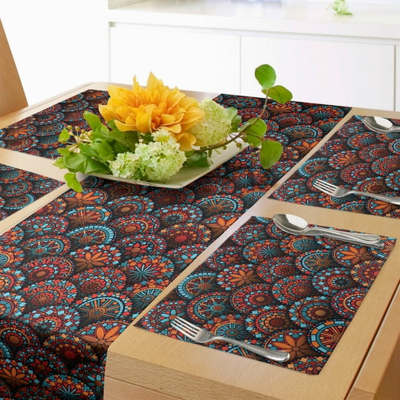 Ambesonne Mandala Table Runner & Placemats, Geometric Floral Forms, Placemat 4 pcs   Runner 12"x72", Scarlet Orange Blue