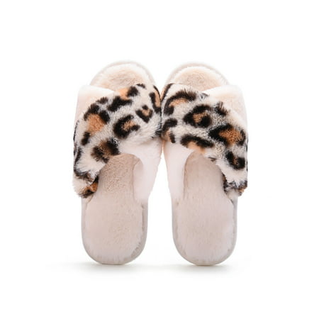 SIMANLAN Womens Soft Leopard Warm Shoes Indoor Cozy Slip On Women Bedroom Comfort Open Toe Cross Sli | Walmart (US)