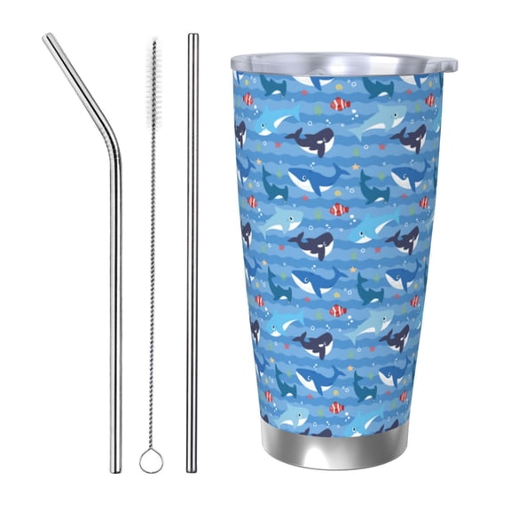 Honeii Blue Fish Print 20OZ Car Cup, Insulated Stainless Steel Travel Mug with Lid and Straw, Keep Your Drinks Hot and Cold-Straw Three-piece Set