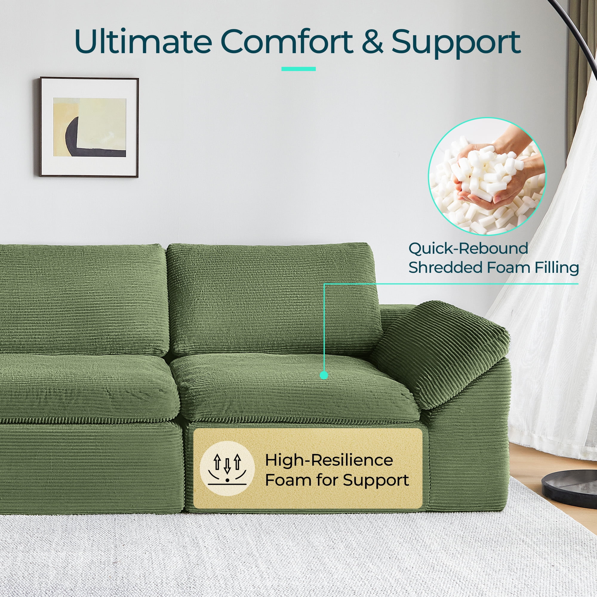 LINSY HOME Oversized 79" Boneless Sectional Couches for Living Room, Cloud Couch Sofa with Corduroy Fabric, 2 Seat Foam Sofa for Living Room, No Assembly Required, Green