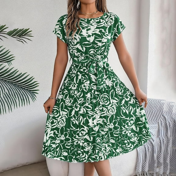 Ayolanni Holiday Party Dresses for Women Green Knee-Length Graphic Short Sleeve Vacation Dresses Dresses for Girls L