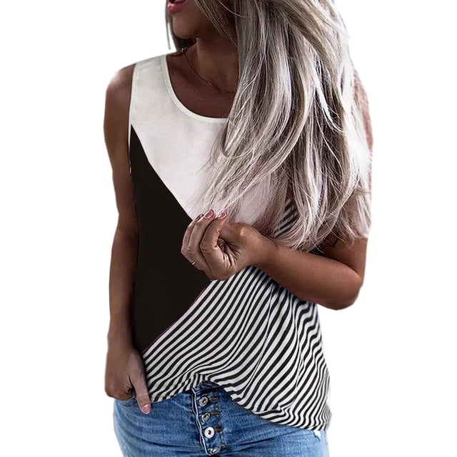 Nouveau T-Shirt Sans Manches Ample à Rayures Contrastées pour Femmes