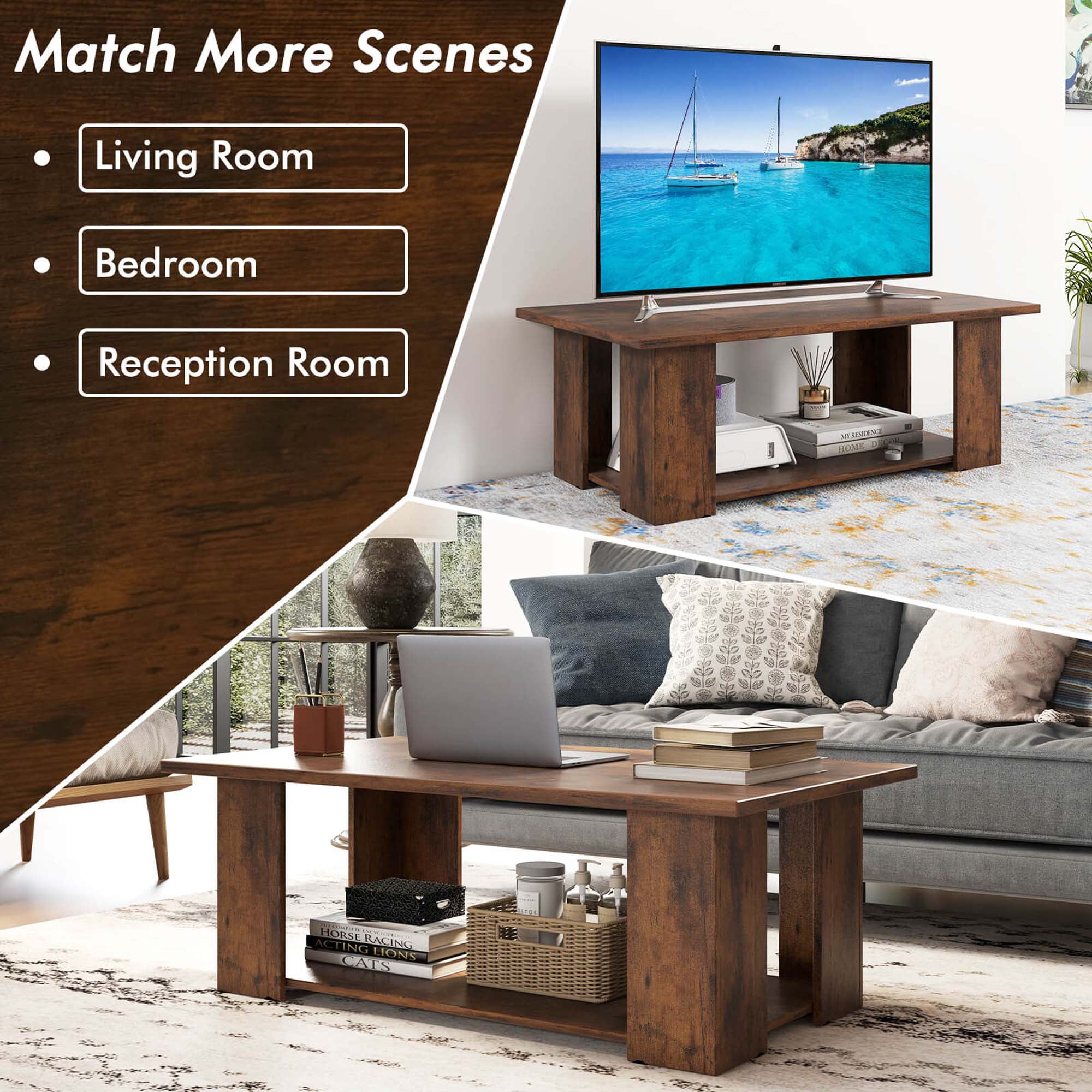 Costway Coffee Table 2-Tier Modern Center Cocktail Table with Storage Shelf for Living Room Brown
