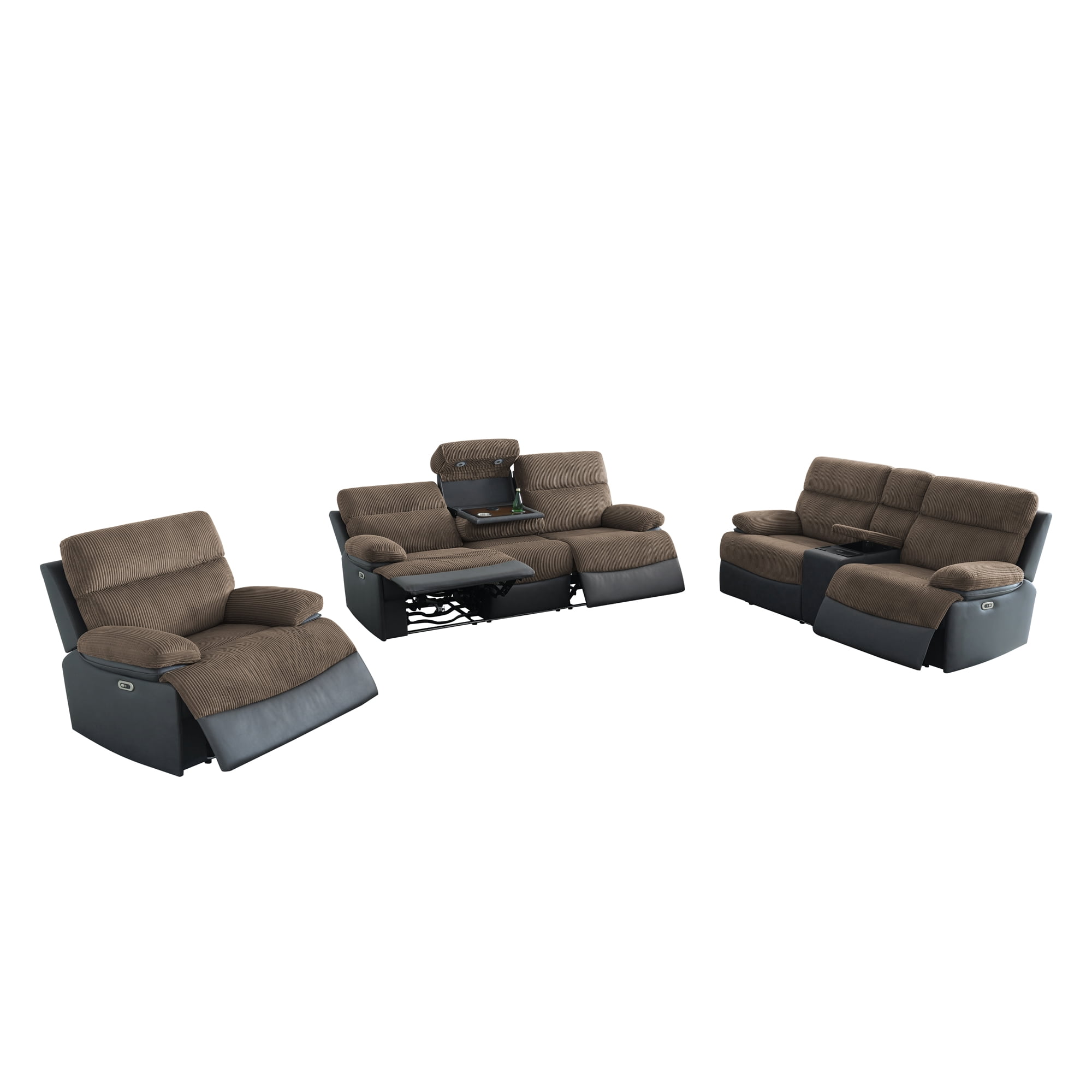Gewnee 1+2+3 Power Recliner Sofa Set, Soft Flocking, Smart Reclining Sofa with USB & Wireless Charging, Storage, Cup Holders, LED Light for Living Room,Brown&Blackish Gray