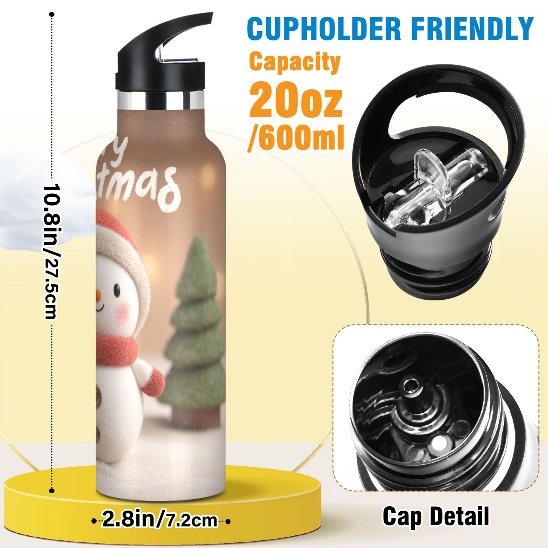 600ML Stainless Steel Insulated Cup Sports Water Bottle Portable Thermos Cup Water Glasses Insulated Tumblers Convenient and Durable Mini Christmas Snowman