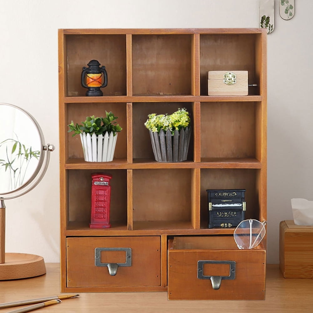 Loyalheartdy 9-Cube Bookshelf Storage Organizer Retro Wooden Cubby-style Storage Rack with 2 Drawers for Home Office