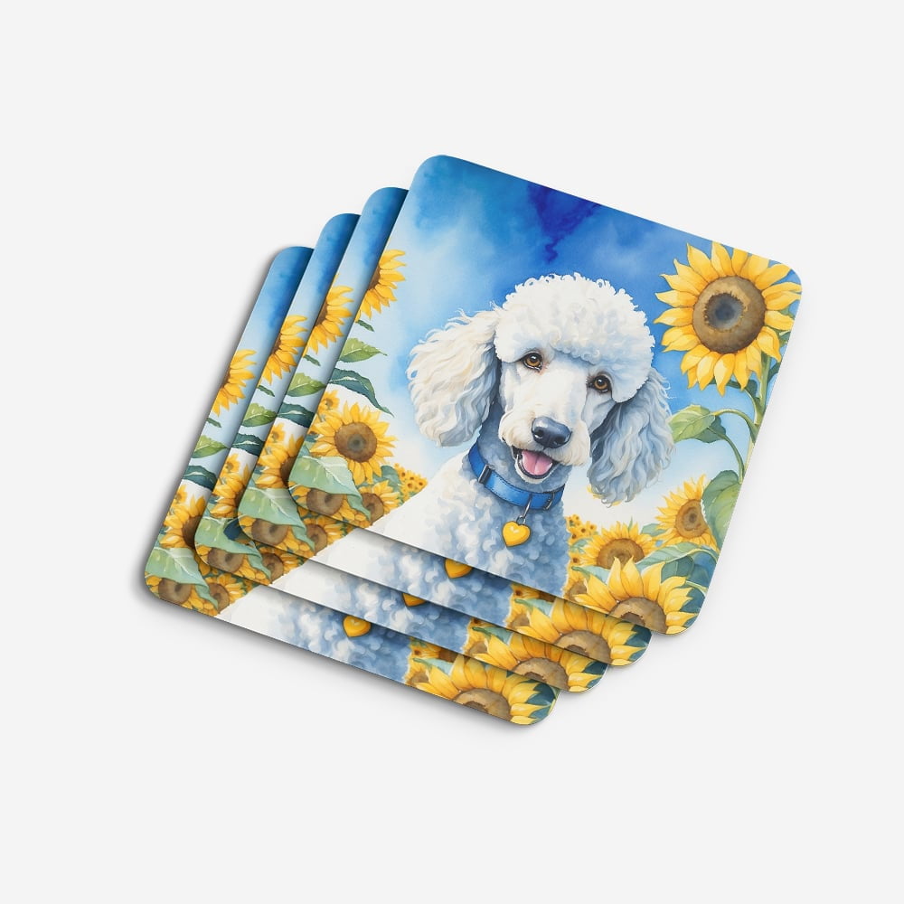 Carolines Treasures DAC6142FC 3.5 x 3.5 in. White Poodle in Sunflowers Foam Coasters - Set of 4