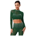thumbnail image 3 of Sholeno Womens Glittery Rhinestone Dance Crop Tops Mesh Long Sleeve Pullover Cropped Shirt Dancewear Dark Green XXL, 3 of 5