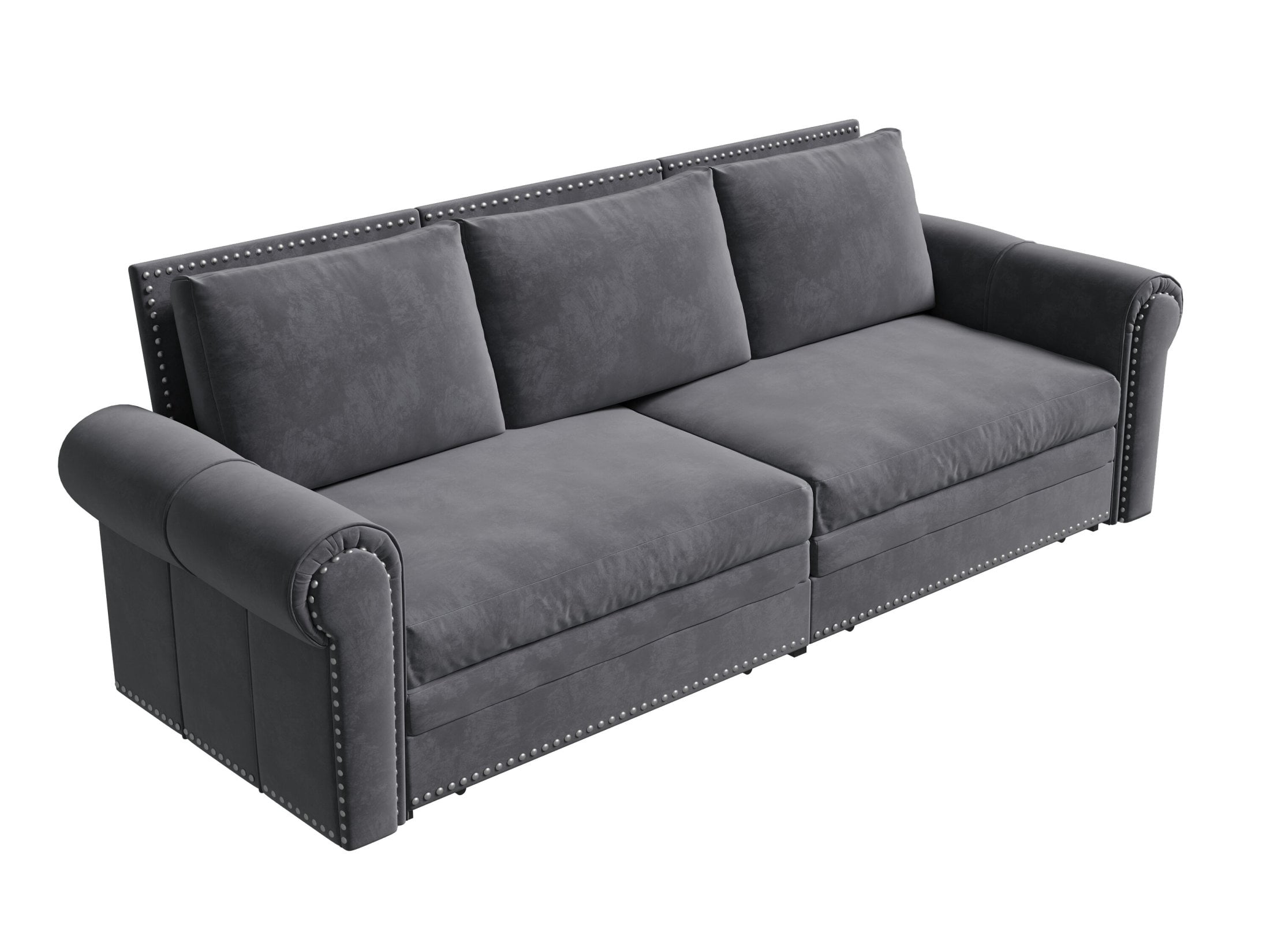 Noble House Lexair Velvet Chesterfield Pull Out Sofa Bed, 3-in-1 King Sleeper Couch with Nailheads & Rolled Arm, Grey