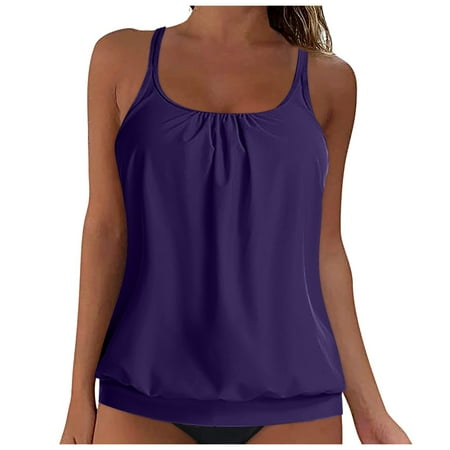 Sunka Women Swimsuits 2 Piece Women s V Neck Built in Bra Side Drawstring Tankini Top with Boyshorts Blouson Swimsuit Two Piece Bathing Suit (Purple L)
