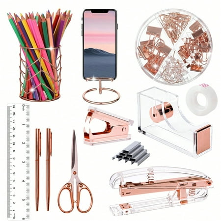 Rose Gold Acrylic Desk Organizer Set – 7-Piece Office Supply Kit