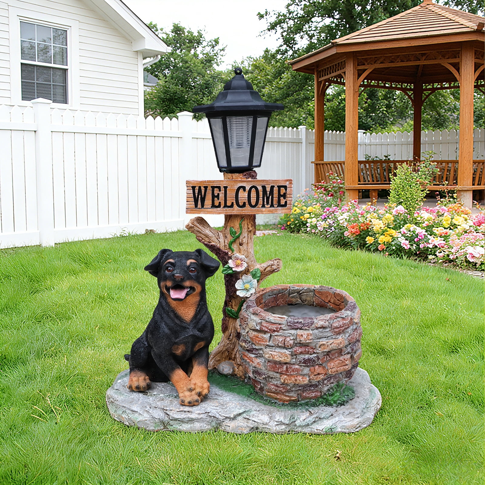 Aukfa Cute Puppy Dog Planter Statue with WELCOME Sign & Solar Figurines Light, Outdoor Garden & Entryway Accent