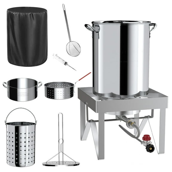 30QT Stainless Steel Turkey Fryer Kit, Stainless Steel Stand with 55,000BTU Propane Burner Stove, Waterproof Cover & Skimmer, Turkey Deep Fryer Pot, Outdoor Fish Fryer, Crawfish Boiler