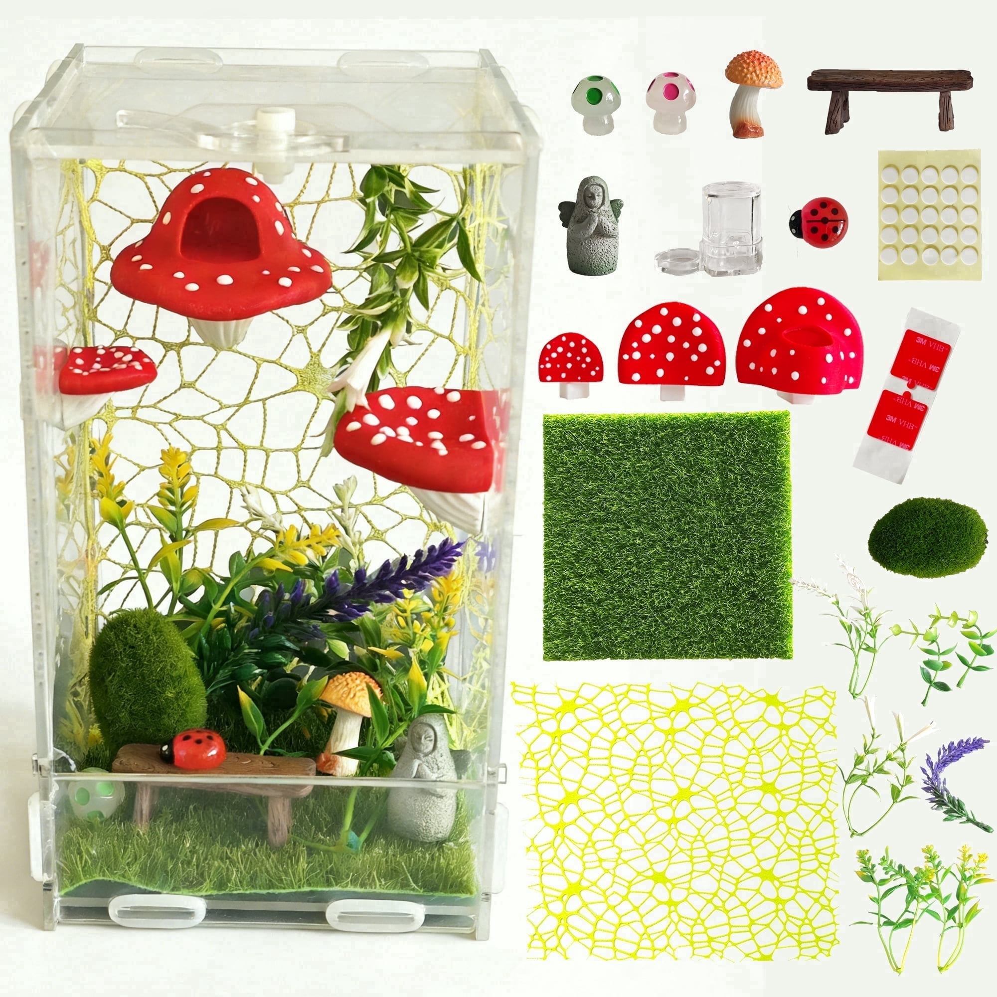 Jumping Spider Enclosure Kit,Small Reptile Terratium Glass House Accessories Set,Transparent Acrylic Insect Habitat,Snail Cage,Reptile Tank,Bug Habitat 4.33"*4.13"*7.87"