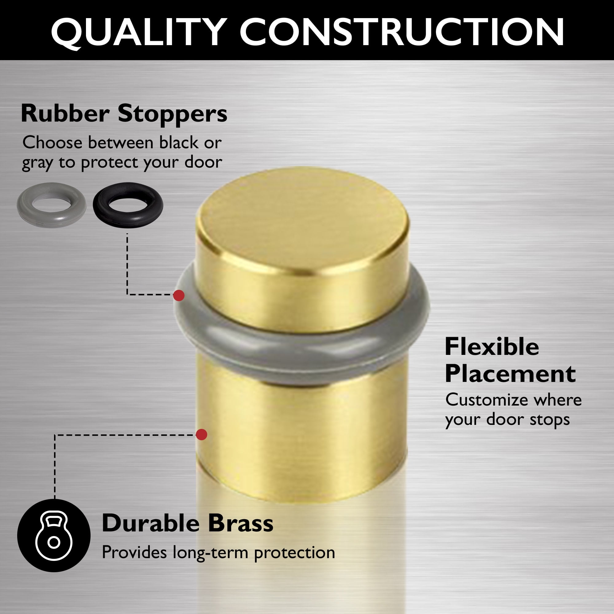 Design House 2-Pack Modern Cylindrical Floor Mounted Door Stops with Rubber Bumper, Satin Brass