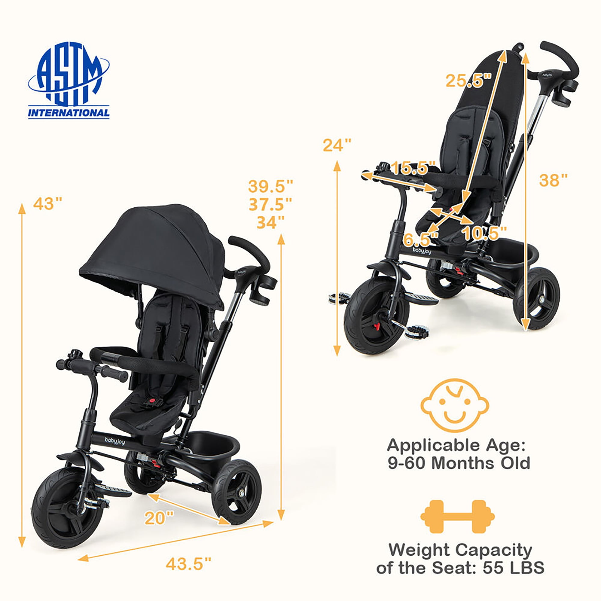Gymax 4-in-1 Baby Tricycle Toddler Trike w/ Reversible Seat Canopy & Push Handle Black