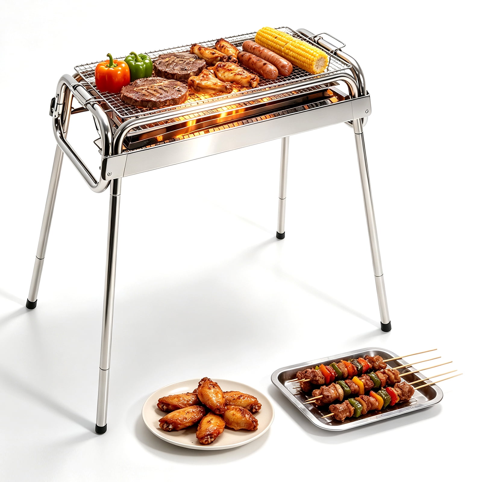 Vowella 27-inch Portable Charcoal Grill, Stainless Steel BBQ with Removable Legs, Rust-Resistant Round Barbecue for Camping, Backyard, Patio, Outdoor Cooking, Silver