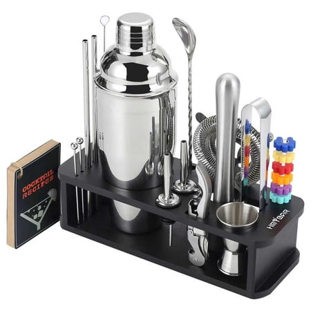 22-pc Cocktail Shaker Set(24oz/700ml) | Mixology Bartender Kit Bar Tool Set Martini Making With 39-recipe Cards & Kit's Deco Stand Black Color Tools