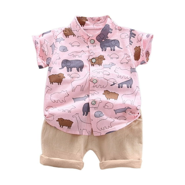 Hiiyo Infant Boys Outfits Cartoon Animal Prints Short Sleeve Button Up Shirt Shorts Set