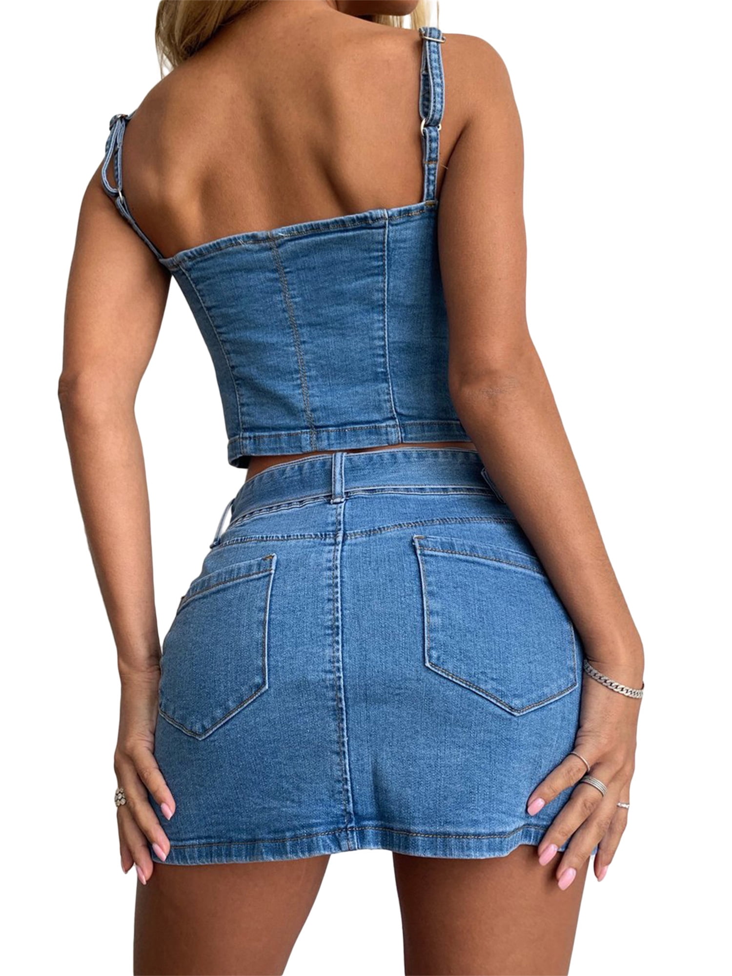 FOCUSNORM Women’s Denim Jeans Blue Zipper Corset Crop Top Sexy Push Up  Bustier Short Mini Skirt