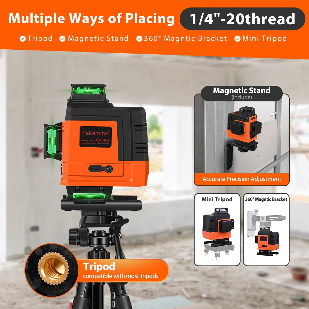 Takamine 16 Lines Laser Level Self Leveling 4x360° 4D Green Cross Line for Construction/Picture Hanging, Remote Controller, Rechargeable Li-ion battery, Magnetic Stand and portable bag
