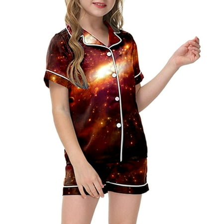 TOOYOU Girls Outfits 2 Piece Sets Pajamas For Kids Children Galaxy Starry Sky Print Short Sleeve Button Shirt Shorts Pajama Set Kids Cute Clothing Sets Red Size 6-7 Years