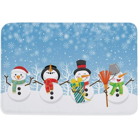 

Christmas Day Memory Foam Doormat Anti-Skid Absorbent Indoor Door Mat Soft Floor Mat for Entryway Patio Kitchen High Traffic Areas Decor Snowman Trees Snowflakes Blue Background 20x32 Inch