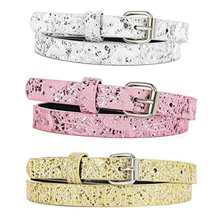 Belts for Little Girls 3 Pack Glitter Little Teen Toddler Belt Girls Fashion PU Leather Olive Silver Rose Small