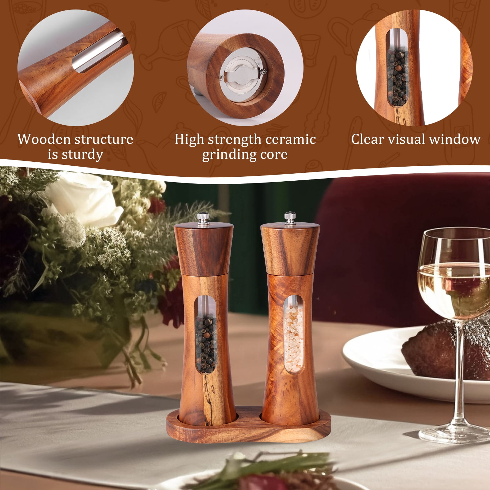 2 Pcs Wood Salt and Pepper Grinder Set Adjustable Coarseness Salt and Pepper Mill with Brush and Spoon for Home Kitchen Dining Room