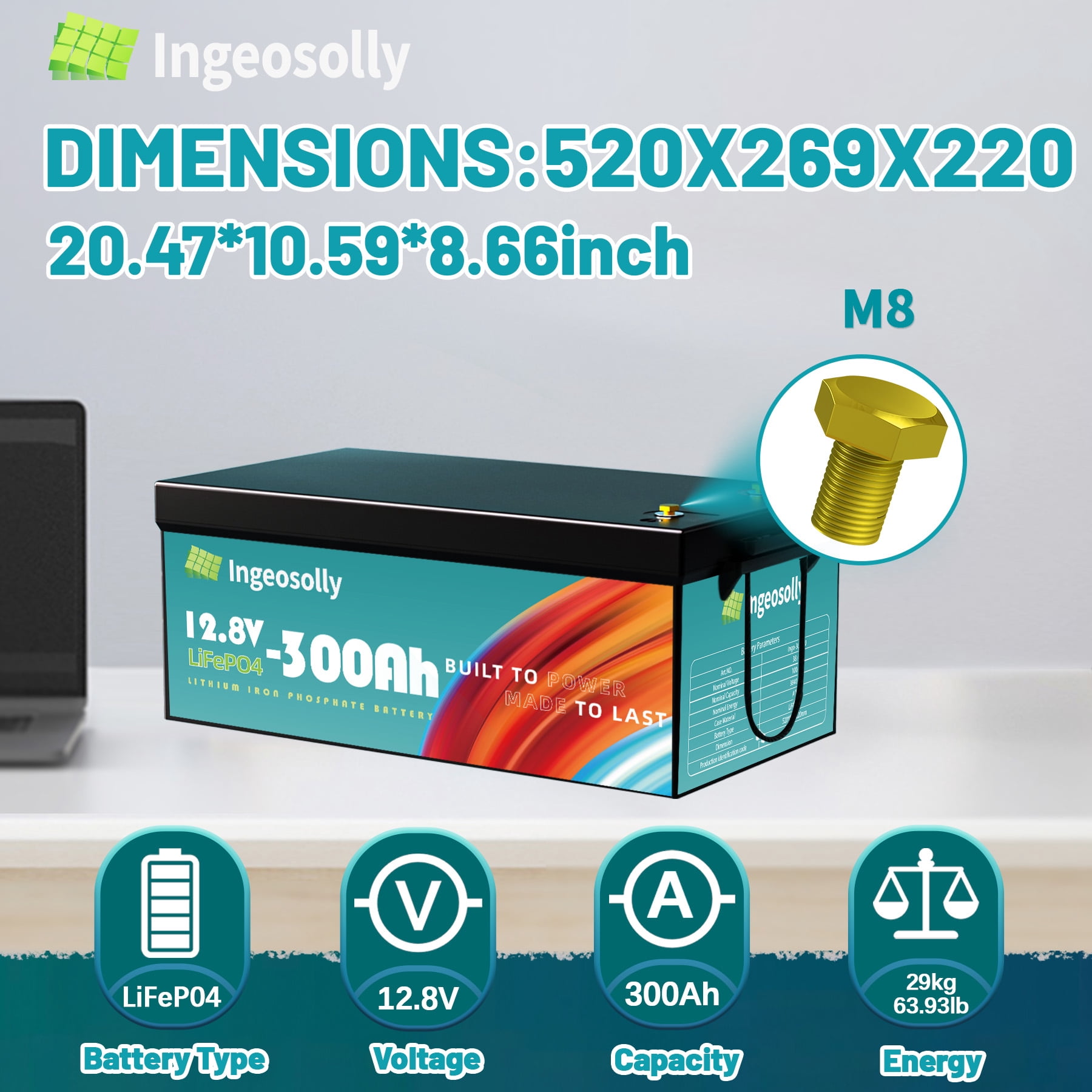 2Pack 12V 300AH LiFePO4 Battery,Built-in 200A BMS,Lithium Batteries for RV,Solar,Camping,Golf Carts,Trolling Motor,Marine,off-Grid,Backup Power,Motorhome,Ingeosolly 12.8V Deep Cycles Battery
