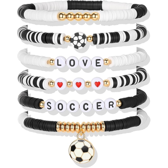 YanonmyfdWorld Soccer Game-day Cup Bracelet Stack Set 7pcs Softball/Baseball/Basketball/Soccer/Volleyball/Tennis/Football Stretch Sports Fans Jewelry Sports Beaded Bracelets with Charms,A-Soccer