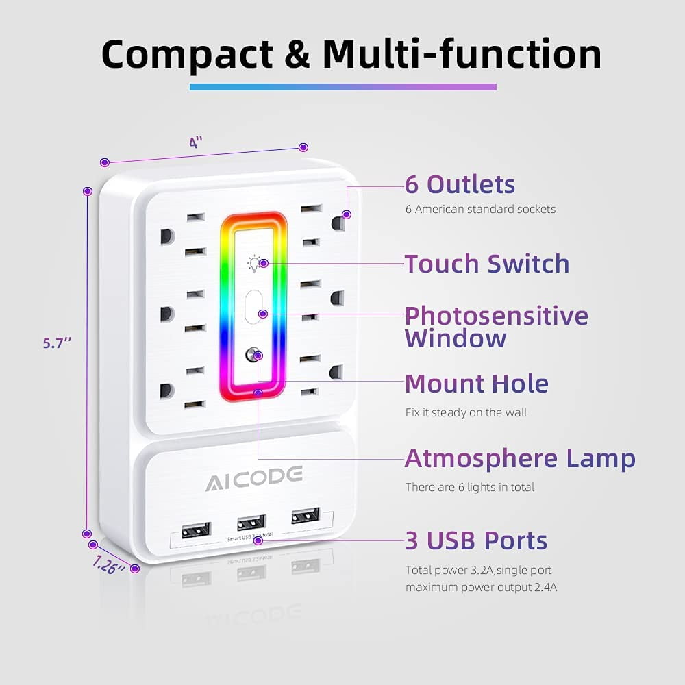 Multi Plug Outlet Extender, 6 Outlet Sur Outlet Protector with 3 USB Charr(3.2A Total),Wall Outlet Plug Electrical Outlet with 6 Ambient RGB Light , Plug Extender for Home,Office,Dorm,Hotel