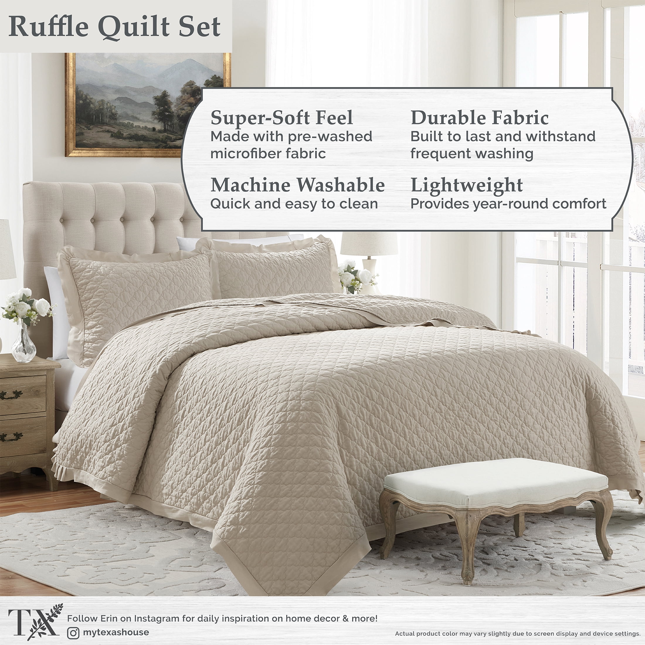 My Texas House Full/Queen Quilt Set, All-Season, 3-Piece, Beige Trellis