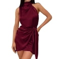 thumbnail image 1 of Womens Dresses Satin Sleeveless Backless Turtleneck Tie Waist Wrap Bodycon Cocktail Spring Dress Red L, 1 of 3