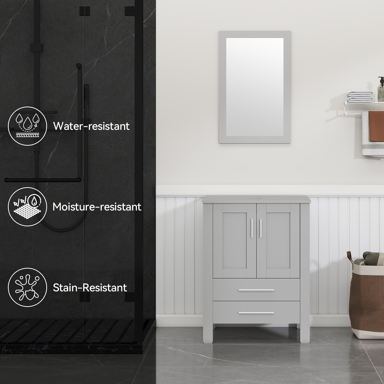 ELECWISH 24-Inch Bathroom Vanity in Gray with Mirror and Round Sink Set, Modern Stand Pedestal Cabinet with White/Black Ceramic Sink Set