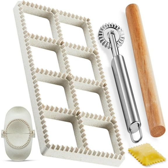 Maker Press, Ravioli Press Mold Set - 1.85" Squares Ravioli Stamp Maker Cutter with Wood Rolling Pin, 2.6" Empanada Maker Press Kit and Ravioli Wheel, Makes 8 Ravioli