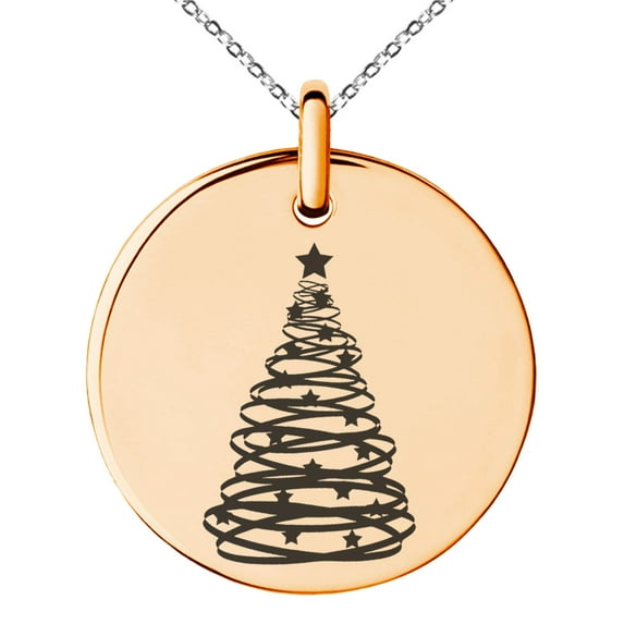 Gold Plated Stainless Steel Spiral Ribbon Christmas Tree Engraved Small Medallion Circle Charm Pendant Necklace