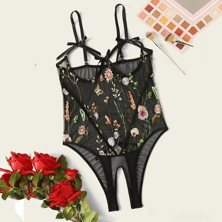 

UDAXB Lingerie New Women Underwear Embroidery Lace Hollow Out Open Crotch Bow Lingerie Jumpsuit