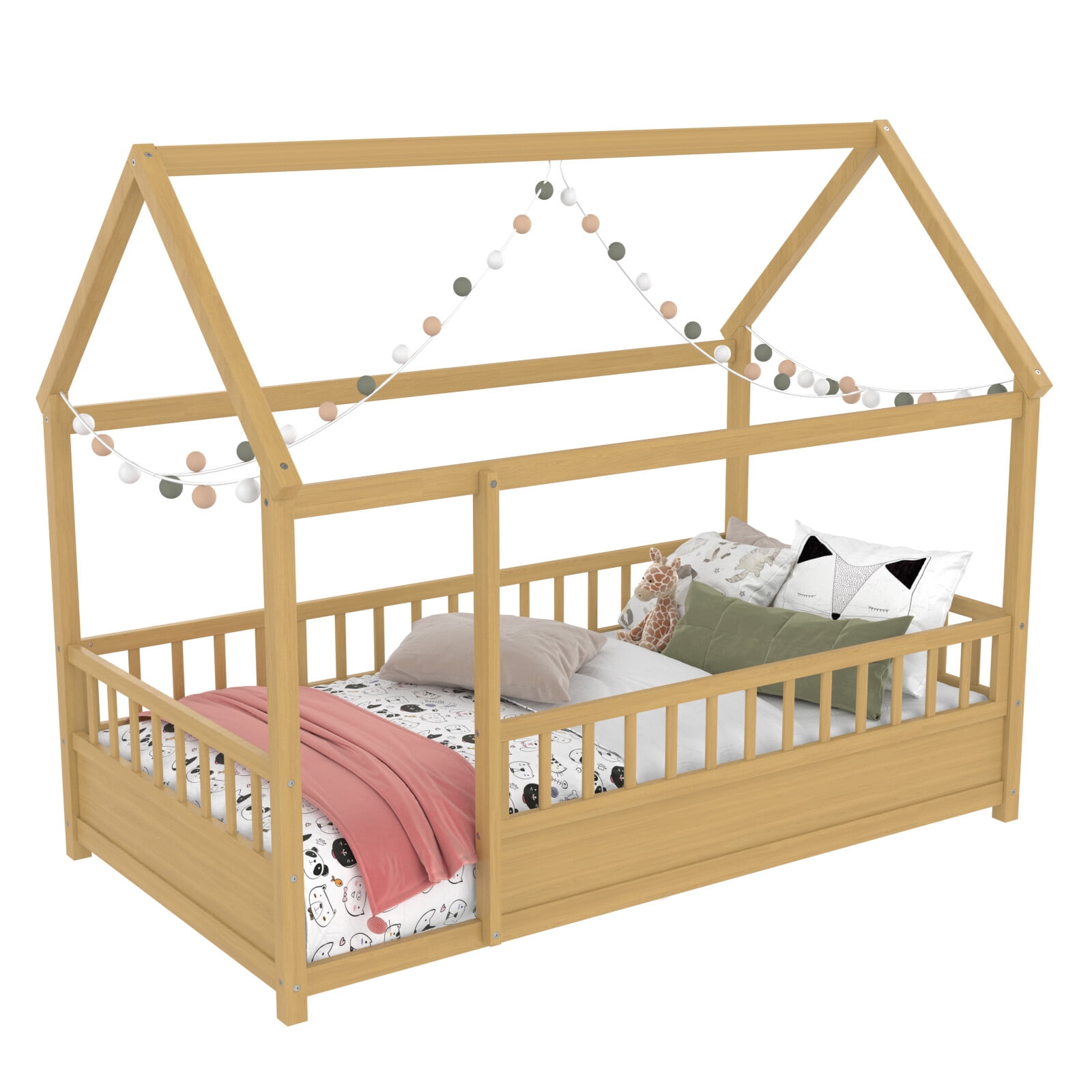 Twin Size Montessori Bed, Wooden Floor House Bed with 20" High Fence and Roof, Montessori Floor Beds Without Slats for Boys,Girls, Natural